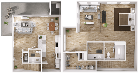 Floor plan for 1 bed, 1.5 baths, 966 sqft